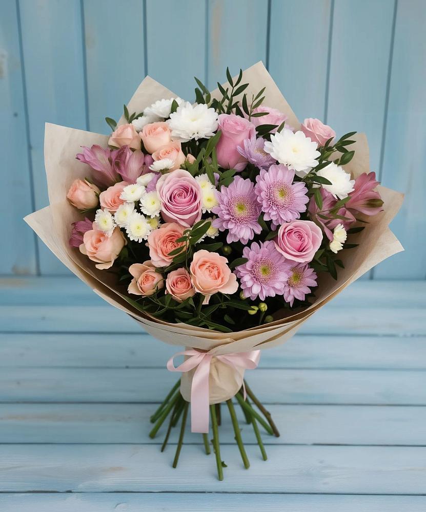 Букет цветов из: Хризантемы, Розы и Альстромерии в Новоникольское