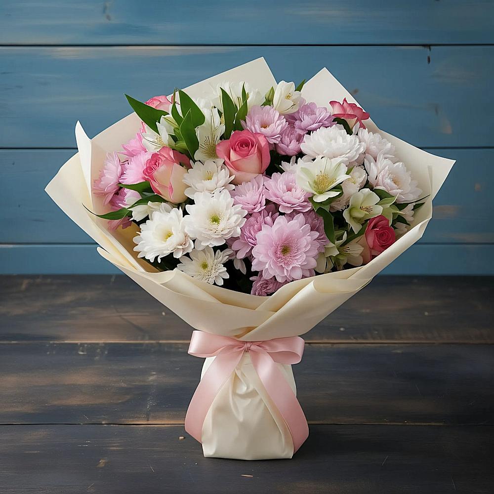 Букет цветов из: Хризантемы, Альстромерии и Розы в Новоникольское